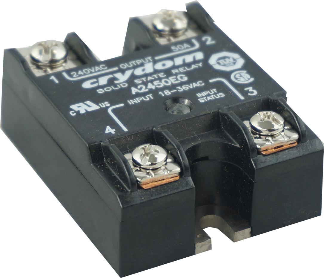 A2450EG, Solid State Relay, Single Phase 18-36VAC Control, 50A, 24-280VAC Load w/status LED A2450EG, Solid State Relay, Single Phase 18-36VAC Control, 50A, 24-280VAC Load w/status LED